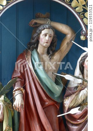 Saint Sebastian, statue on the altar of Saint Fabian and Sebastian at Our Lady of Miracles Parish Church in Ostarije, Croatia 119553521