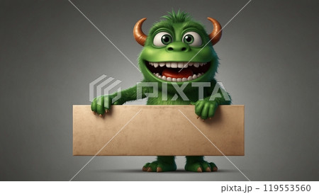 Green monster holding a blank sign Green monster holding a blank sign 119553560