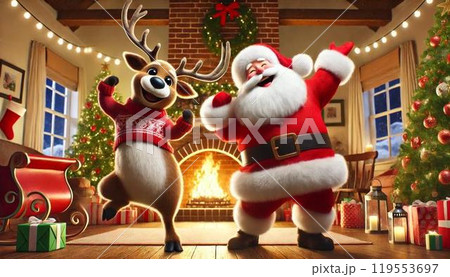 サンタとトナカイが楽しくダンスをしているところをイラストにしました サンタとトナカイが楽しくダンスをしているところをイラストにしました 119553697