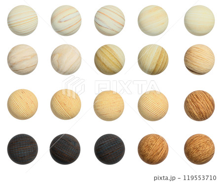 色んな樹種の木目を加工した木製の球体のセット 119553710