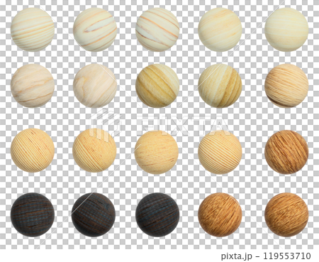 A set of wooden spheres with the grain of various wood species A set of wooden spheres with the grain of various wood species 119553710