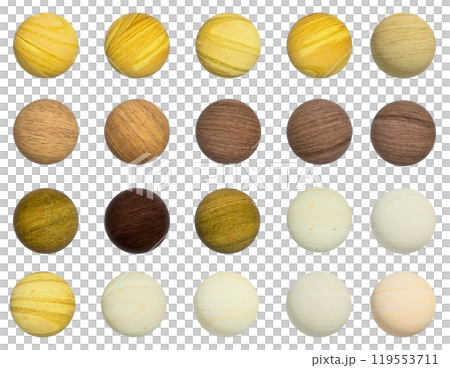 Assortment of colorful round spheres with different wood grains 119553711