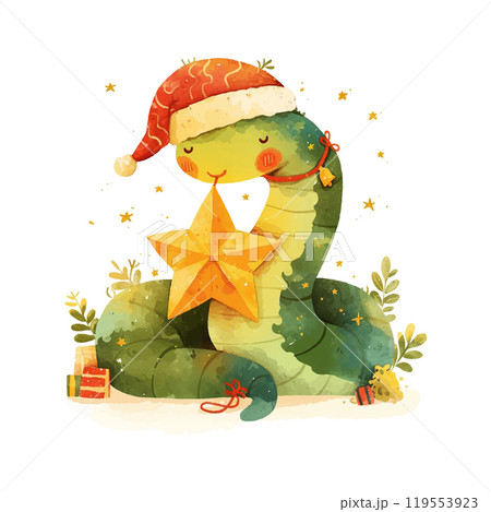 A green snake is holding a star in its mouth. The snake is wearing a Santa hat. The image has a festive and playful mood 119553923