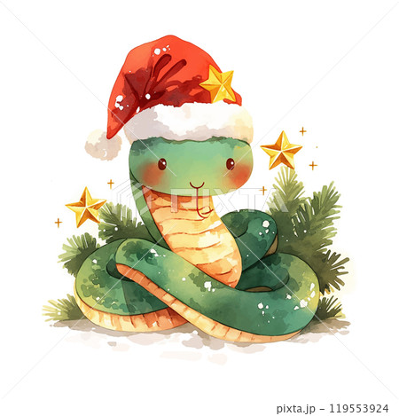 A green snake is holding a star in its mouth. The snake is wearing a Santa hat. The image has a festive and playful mood 119553924