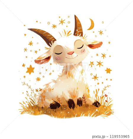 A cartoon goat is sitting in a field of grass with stars in the background. The goat is smiling and he is happy 119553965
