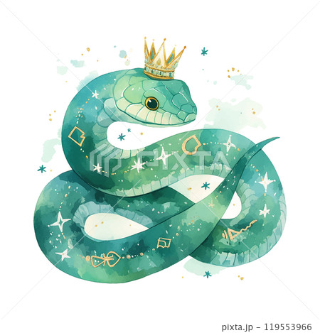 A green snake with a crown on its head. The snake is sitting on a white background. The snake is wearing a crown and has a star on its head 119553966