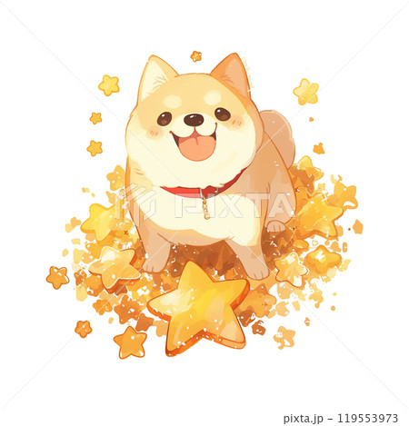 A cute dog is sitting on a pile of gold stars. The dog is smiling and has a red collar. The image has a playful and cheerful mood 119553973