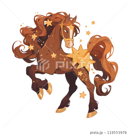 A horse with a star on its head and a star on its tail. The horse is standing on a white background 119553976