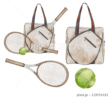 Tennis bag with racket and ball Watercolor Illustration. Set For printing in booklets, typography on the theme of sports.  119554181