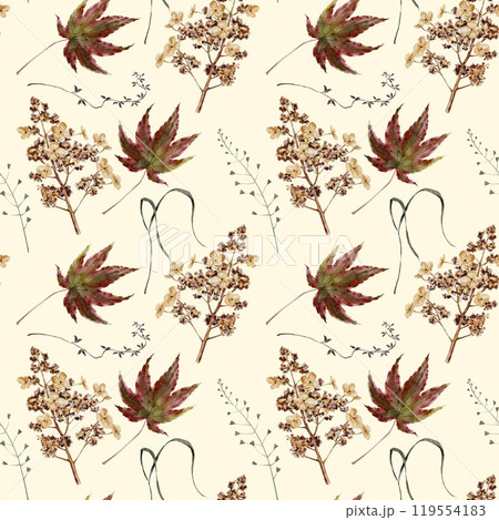 Autumn yellow, red and green leaves branch, dried flowers and grass seamless pattern on white. Fall watercolor illustration for Thanksgiving, Harvest Festival, Halloween party decoration. Autumn yellow, red and green leaves branch, dried flowers and grass seamless pattern on white. Fall watercolor illustration for Thanksgiving, Harvest Festival, Halloween party decoration. 119554183