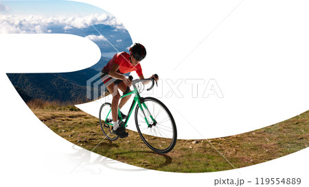 Contemporary art collage. Cyclist riding uphill through scenic mountains, pushing for ultimate workout. Healthy lifestyle meets adventure. Contemporary art collage. Cyclist riding uphill through scenic mountains, pushing for ultimate workout. Healthy lifestyle meets adventure. 119554889