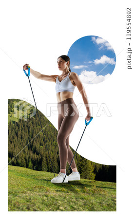Contemporary art collage. Woman performs resistance band exercises against backdrop of green forest, promoting strength training and connection with nature. 119554892