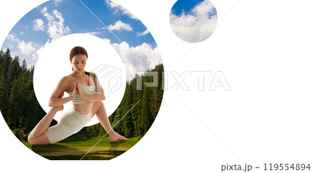 Contemporary art collage. Woman in yoga attire exercising, surrounded by lush green trees and clear sky, emphasizing mindfulness, peace, and physical well-being. Contemporary art collage. Woman in yoga attire exercising, surrounded by lush green trees and clear sky, emphasizing mindfulness, peace, and physical well-being. 119554894