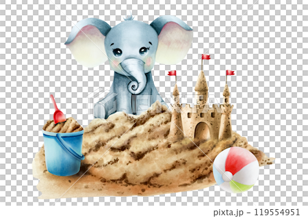 Beach sand hill, desert with castle with red flags on towers. Baby elephant playing. Blue bucket. Tricolor airy beach ball. Watercolor hand drawn illustration isolated on background. For designers Beach sand hill, desert with castle with red flags on towers. Baby elephant playing. Blue bucket. Tricolor airy beach ball. Watercolor hand drawn illustration isolated on background. For designers 119554951