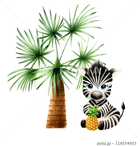 Cute baby zebra with pineapple. Green palm tree. Watercolor hand drawn safari sitting animal illustration isolated on background. For designers, postcards, greetings, birthday, calendar, wallpapers 119554953