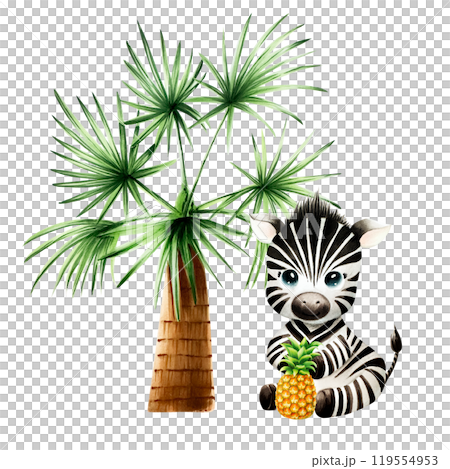 Cute baby zebra with pineapple. Green palm tree. Watercolor hand drawn safari sitting animal illustration isolated on background. For designers, postcards, greetings, birthday, calendar, wallpapers 119554953