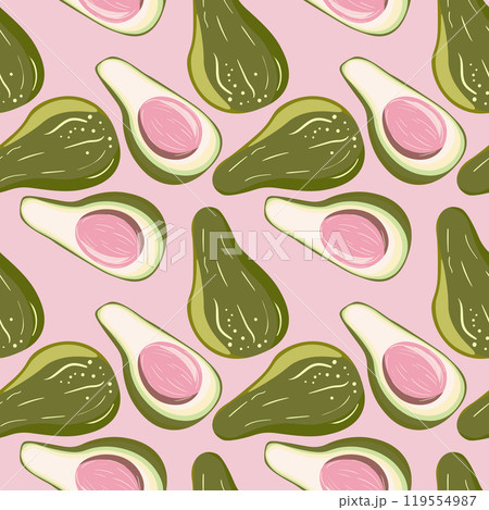 Cute avocado isolated on color background. Avocados with leaves and slice. Natural delicious fresh ripe tasty summer fruit. Vector illustration for packaging, card, other design. Food concept Cute avocado isolated on color background. Avocados with leaves and slice. Natural delicious fresh ripe tasty summer fruit. Vector illustration for packaging, card, other design. Food concept 119554987