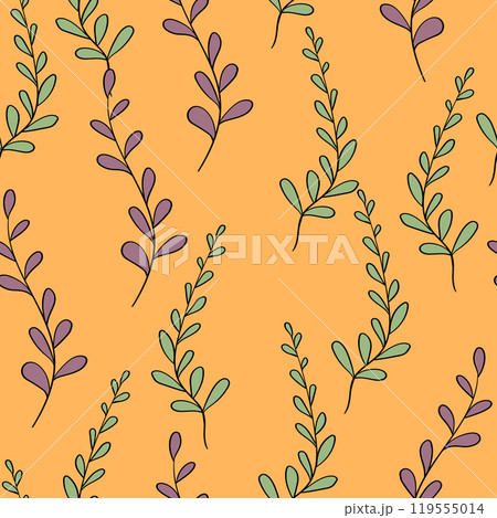 Spring seamless color pattern with sprigs. Vector stock illustration for fabric, textile, wallpaper, posters, paper. Fashion print. Branch with leaves. Doodle style 119555014