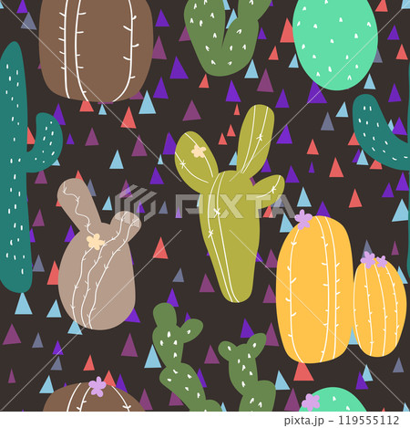 Seamless pattern with cactus with thorns, succulent on color background. Vector drawing illustration for icon, game, packaging, fabric, textile. Wild west, western, cowboy concept 119555112