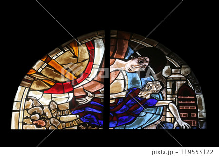 Scenes from the life of St. Paul, stained glass window in the parish church of St. Peter and Paul in Oberstaufen, Germany 119555122