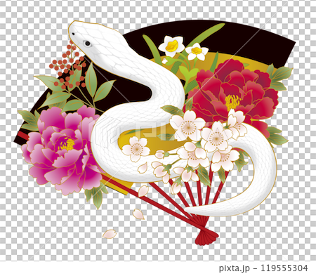 Year of the Snake, Snake on a fan, New Year's card material, White snake 119555304