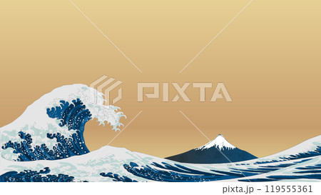 北斎の浮世絵風の背景イラストテンプレート素材 ベクター 16:9 レトロモダン 和風 波 富士山 北斎の浮世絵風の背景イラストテンプレート素材 ベクター 16:9 レトロモダン 和風 波 富士山 119555361