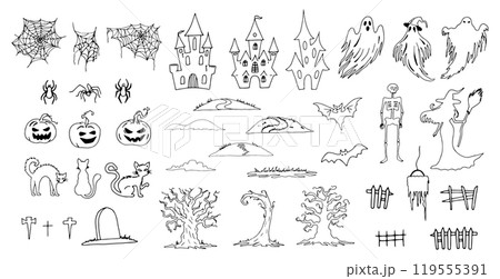 Set of different Halloween shapes. Black and white shapes illustration. Hand drawn graphic silhouette clip art. Line sketch of ghosts with castle and skeleton for spooky decor. Simple Doodle style 119555391