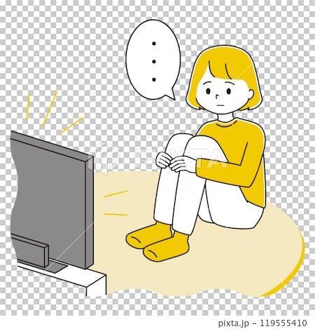Illustration of a woman sitting cross-legged and watching TV 119555410