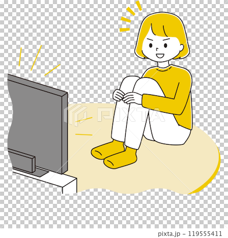 一個女人坐在三角形位置認真看電視的插圖 119555411
