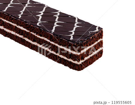 Chocolate cake with white chocolate decoration isolated on white background Chocolate cake with white chocolate decoration isolated on white background 119555605