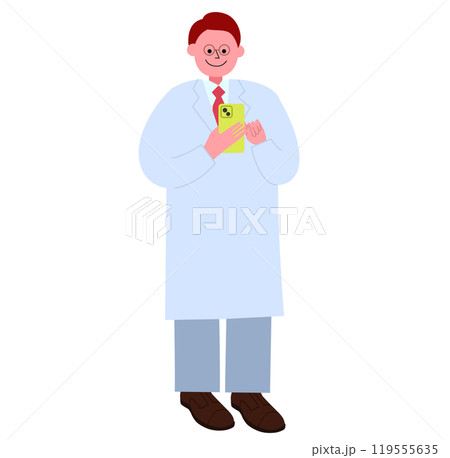 スマホを操作している白衣を着たメガネの男性の姿の全身のイラスト スマホを操作している白衣を着たメガネの男性の姿の全身のイラスト 119555635