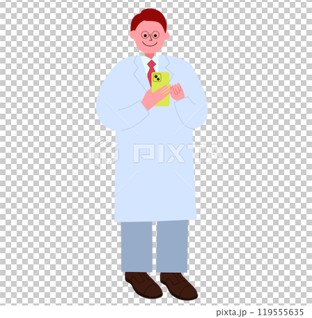 スマホを操作している白衣を着たメガネの男性の姿の全身のイラスト スマホを操作している白衣を着たメガネの男性の姿の全身のイラスト 119555635