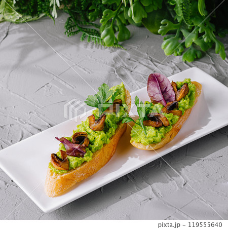 Gourmet avocado toast garnished with sauteed mushrooms, fresh herbs, and edible leaves on a modern white plate 119555640