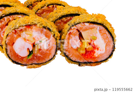 Tempura maki sushi rolls covered with sesame seeds lying on white background Tempura maki sushi rolls covered with sesame seeds lying on white background 119555662