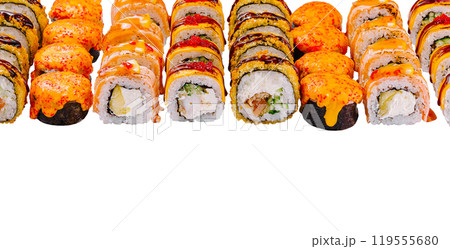 Delicious sushi rolls with different fillings are lying on a white background 119555680