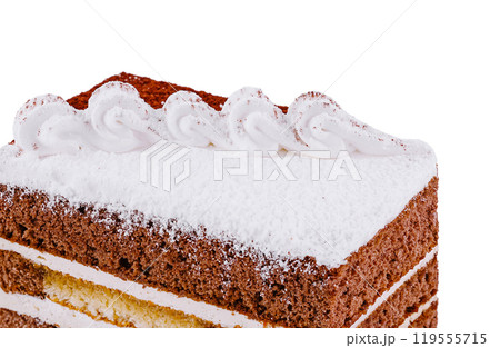 Delicious tiramisu cake with cream being isolated on white background Delicious tiramisu cake with cream being isolated on white background 119555715