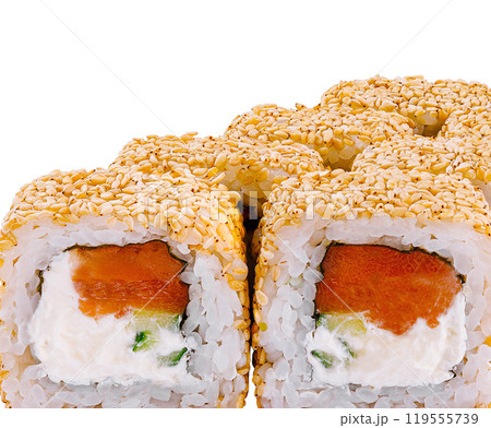 California sushi roll with sesame seeds isolated on white California sushi roll with sesame seeds isolated on white 119555739
