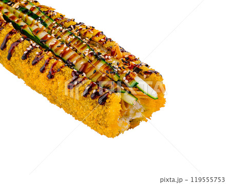 Tempura sushi roll topped with cucumber and sesame seeds on white background 119555753