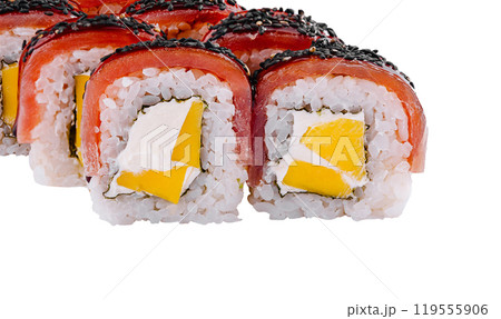 Sushi rolls with mango and cream cheese filling are covered with red fish and black sesame seeds 119555906