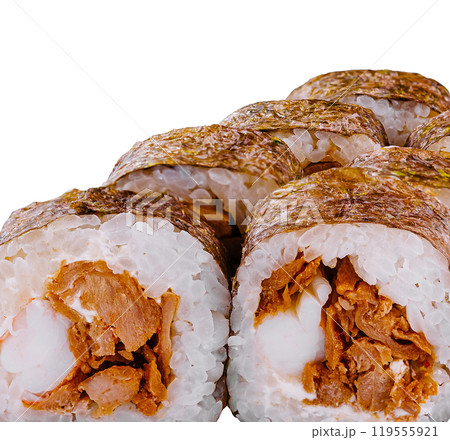 Delicious sushi rolls with smoked eel and cream cheese filling close up 119555921