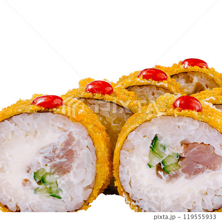 Tempura maki sushi rolls presenting filling on white background Tempura maki sushi rolls presenting filling on white background 119555933