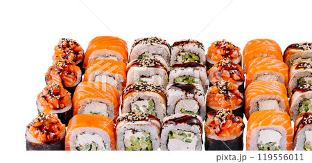 Sushi set with salmon, cucumber and cream cheese being presented on white background 119556011