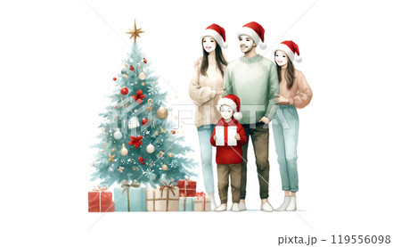 クリスマスツリーと家族 プレゼント交換 クリスマスツリーと家族 プレゼント交換 119556098