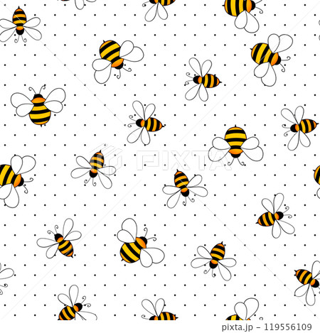 Seamless pattern with bees on white polka dots background. Small wasp. Vector illustration. Adorable cartoon character. Template design for invitation, cards, textile, fabric. Doodle style 119556109
