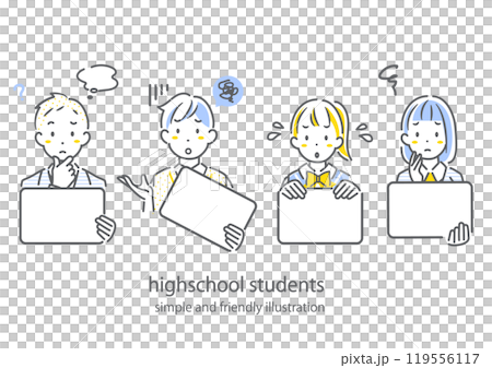A simple and stylish line drawing of a high school student thinking about his future and preferred school 119556117