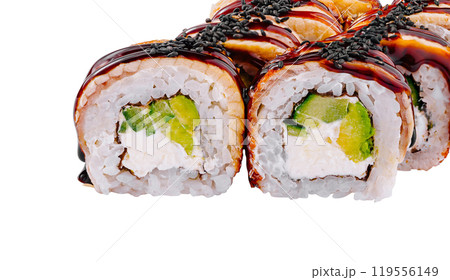 Delicious sushi roll with eel and avocado 119556149