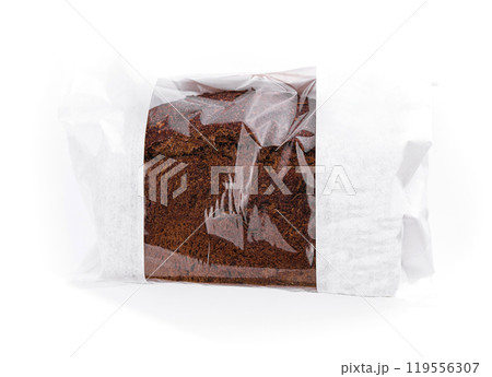 Freshly baked loaf of bread wrapped in plastic on white background Freshly baked loaf of bread wrapped in plastic on white background 119556307