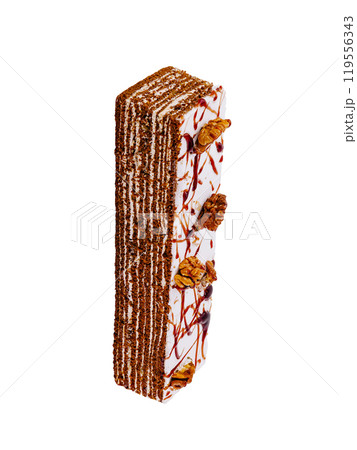 Delicious honey cake decorated with walnuts and chocolate drizzle standing on white background Delicious honey cake decorated with walnuts and chocolate drizzle standing on white background 119556343