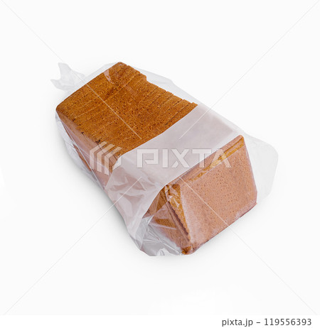 Toast bread loaf wrapped in plastic bag on white background Toast bread loaf wrapped in plastic bag on white background 119556393