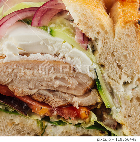 Detailed close-up of a gourmet chicken sandwich with fresh vegetables and creamy sauce 119556448